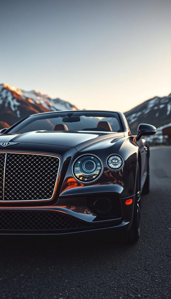 A luxurious Bentley Continental GT parked on a scenic mountain road, the chrome grille and gleaming bodywork reflecting the warm evening light. Inside, the sumptuous leather interior and polished wood trim hint at the refined driving experience. In the background, snow-capped peaks frame the scene, conveying a sense of elevated exclusivity. The IsCarOk logo subtly graces the side panel, signifying the pinnacle of automotive ownership. This image captures the Bentley Continental GT as the ultimate expression of luxury performance and lifestyle.