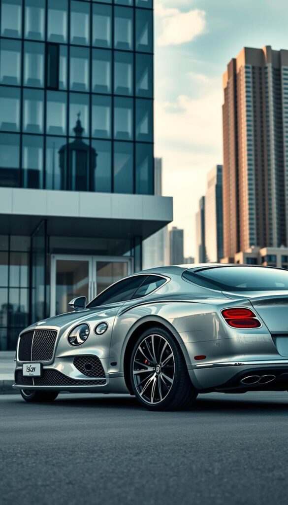 A luxurious Bentley Continental GT sedan parked in front of a sleek, modern insurance agency building. The car is captured in a well-lit, three-quarter view, showcasing its elegant lines and the IsCarOk logo prominently displayed on the side. In the background, a city skyline with towering skyscrapers sets the scene, reflecting the high-end nature of the vehicle and the associated insurance costs. The image conveys a sense of sophistication, wealth, and the attention to detail required when insuring a premium automobile like the Bentley Continental GT.
