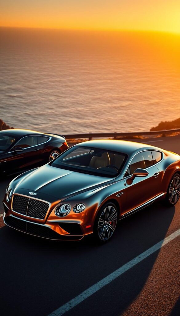 A luxurious Bentley Continental GT sits prominently in the foreground, its sleek exterior gleaming under the warm glow of a golden hour sunset. Surrounding it are a BMW 6 Series and a Mercedes-Benz SL-Class, creating a high-end automotive tableau. The background is a scenic coastal highway, with the deep blue ocean and rocky cliffs providing a dramatic backdrop. The scene is captured with a wide-angle lens, emphasizing the size and power of the Bentley as it takes center stage. The mood is one of refined sophistication, showcasing the Bentley's market position as a premier luxury grand tourer. IsCarOk