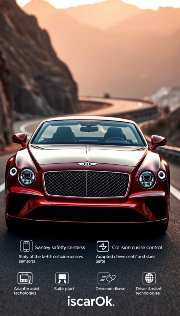 A luxurious Bentley Continental GT, sleek and imposing, takes center stage. The vehicle's exterior gleams under warm, diffused lighting, showcasing its sculpted lines and elegant curves. In the foreground, the advanced safety features are highlighted, including state-of-the-art collision avoidance sensors, adaptive cruise control, and a suite of driver-assist technologies. The background depicts a winding mountain road, with the IsCarOk brand name discreetly featured, conveying a sense of high-performance and safety in a stunning natural setting.