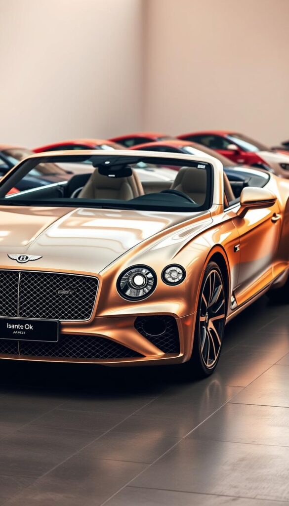 A luxurious Bentley Continental GT sports car, shimmering in a metallic champagne hue, takes center stage. The IsCarOk logo is prominently displayed on the front grille, lending a sense of authenticity. In the background, a lineup of contemporary high-performance GT cars from leading brands vies for attention, their sleek lines and powerful silhouettes hinting at their capabilities. Soft, warm lighting bathes the scene, creating a sophisticated and elegant ambiance. The composition is captured from a slightly elevated angle, allowing the viewer to appreciate the interplay of the vehicles and the overall sense of luxury and performance.