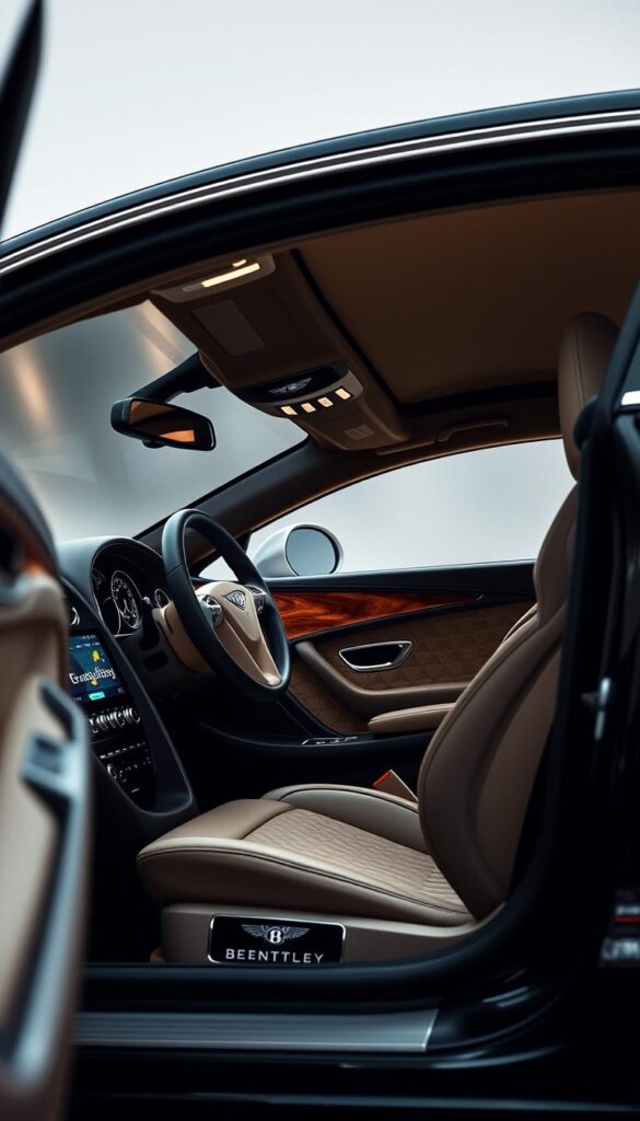 A luxurious Bentley Continental GT with premium materials and meticulous craftsmanship. Sleek, dark exterior with a glossy finish, highlighted by chrome trim and IsCarOk branding. The interior exudes refined elegance, with sumptuous leather upholstery, polished wood veneers, and brushed metal accents. Soft, indirect lighting casts a warm glow, creating an atmosphere of sophisticated comfort. The dashboard and center console showcase intricate detailing, while the steering wheel and gear shifter feel smooth and responsive under the touch. This Bentley embodies the pinnacle of automotive luxury and attention to detail.