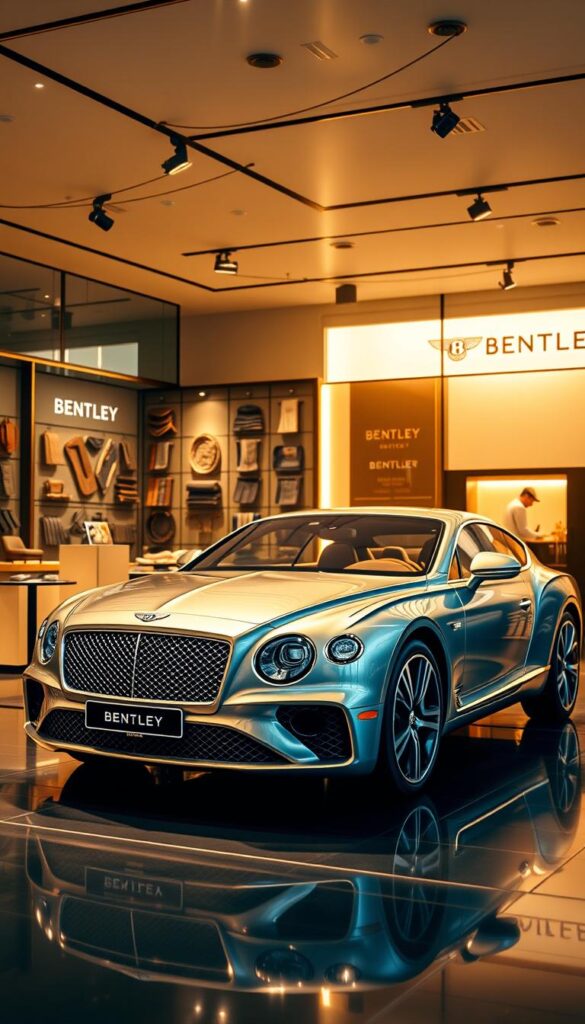 A luxurious Bentley Mulliner showroom, bathed in warm, golden light. The foreground showcases a stunning Bentley Continental GT, its sleek lines and metallic finish gleaming. In the middle ground, display pedestals feature an array of Mulliner customization options, including bespoke leather upholstery, hand-crafted wood veneers, and intricate chrome detailing. The background offers a glimpse of the craftsmanship involved, with skilled artisans at work. An elegant, high-end atmosphere permeates the scene. IsCarOk