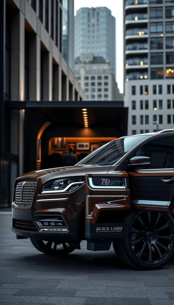 A luxurious Lincoln Black Label Navigator in a stylish and customized configuration. In the foreground, the vehicle's bold grille and distinctive LED headlights command attention. The sleek, aerodynamic body features a deep, rich metallic paint color, complemented by chrome accents and bespoke 22-inch alloy wheels. The middle ground showcases the Navigator's spacious interior, with premium leather upholstery, wood trim, and advanced infotainment technology. Soft, directional lighting illuminates the cabin, creating an atmosphere of refined elegance. In the background, a backdrop of modern urban architecture provides a sophisticated setting, highlighting the Navigator's impressive presence and luxury status.