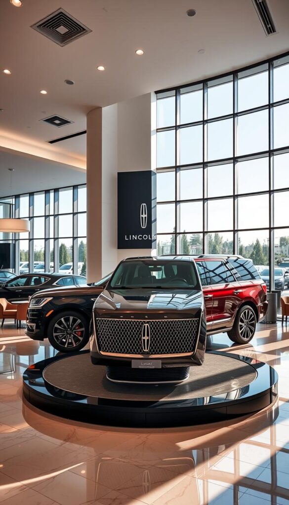 A luxurious Lincoln Black Label dealership showroom, bathed in warm, inviting lighting. Gleaming, sleek Lincoln Navigator models prominently displayed on a polished, marbled floor. The showroom boasts floor-to-ceiling windows, offering a panoramic view of the outdoors. Elegant, contemporary furniture and fixtures complement the sophisticated aesthetic. A central, circular display turntable showcases the pinnacle of Lincoln's luxury craftsmanship. Subtle, understated branding elements emphasize the brand's refined, premium positioning. The overall atmosphere exudes a sense of exclusivity and attention to detail, catering to the discerning tastes of Lincoln Black Label clientele.