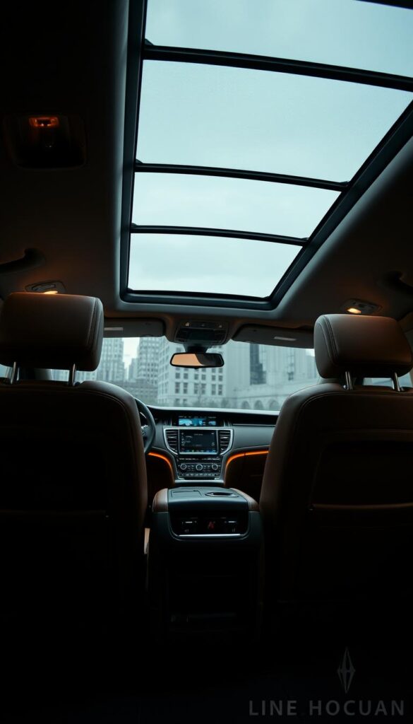 A luxurious Lincoln Navigator Black Label SUV interior, bathed in warm, muted lighting. The supple leather seats in a rich, exclusive theme recline gracefully, inviting the driver and passengers to sink into their plush embrace. Subtle ambient lighting accentuates the meticulously crafted wood and metal accents, creating an atmosphere of refined elegance. The dashboard displays a sleek, intuitive digital interface, while the panoramic sunroof floods the cabin with a soft, natural glow. The overall impression is one of uncompromising luxury and attention to every exquisite detail.