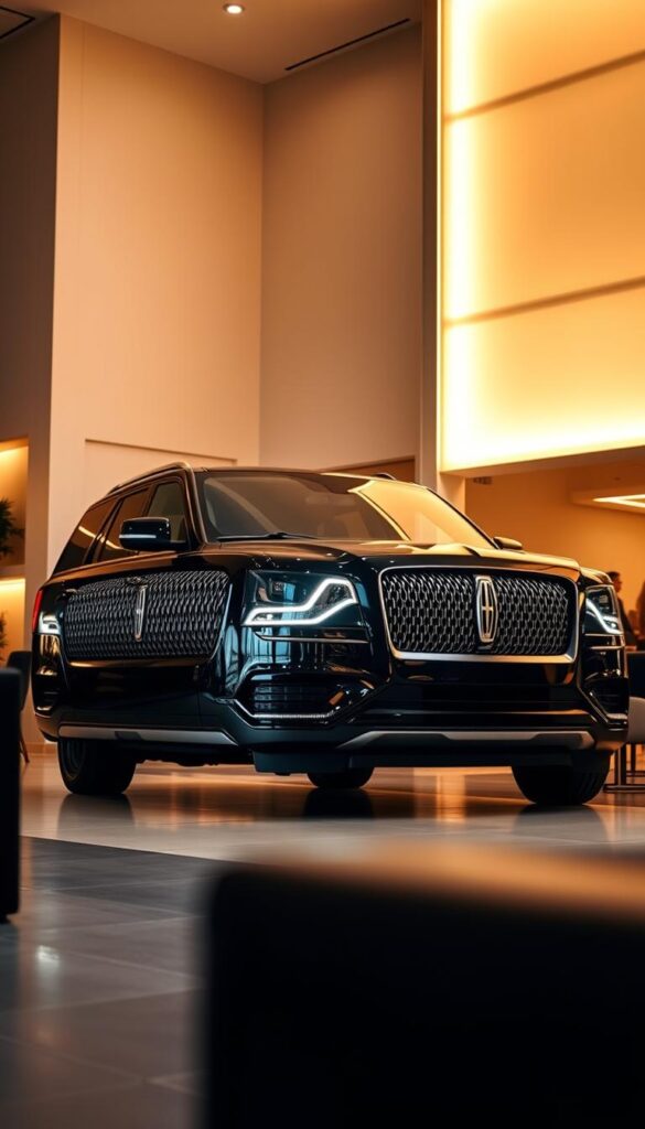 A luxurious Lincoln Navigator Black Label SUV parked in a well-lit modern showroom, with a polished black exterior gleaming under warm, directional lighting. The vehicle is the focal point, surrounded by sleek, minimalist decor and elegant furnishings that evoke an exclusive, high-end ambiance. The scene is captured from a low, slightly angled perspective, emphasizing the vehicle's imposing presence and commanding stance. The overall mood is one of sophisticated elegance and attention to detail, reflecting the exclusive "Black Label Concierge Services" tailored to discerning customers.