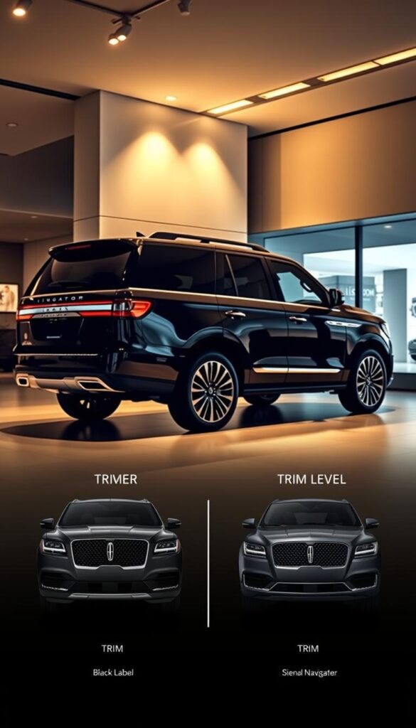 A luxurious Lincoln Navigator Black Label SUV sits in a sleek, modern showroom, its gleaming black finish catching the light from strategically placed spotlights. The vehicle's profile is captured at a slight angle, emphasizing its bold, angular design. In the foreground, the trim levels are displayed side-by-side, highlighting the unique features and materials that distinguish the Black Label from other trims. The lighting is warm and inviting, creating a sense of sophistication and attention to detail. The background is blurred, keeping the focus on the vehicle and its trim comparison. The overall scene conveys the high-end, premium nature of the Lincoln Navigator Black Label, enticing the viewer to explore its capabilities and luxurious offerings.