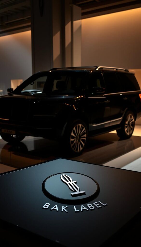 A luxurious Lincoln Navigator Black Label SUV stands majestically in a grand, dimly lit showroom. The vehicle's sleek, ebony exterior gleams under warm, dramatic lighting, casting dramatic shadows. The interior is visible through the tinted windows, revealing plush, indulgent leather upholstery and meticulously crafted wood accents. In the foreground, a display showcases the exclusive "Black Label" insignia, exuding a sense of prestige and privilege. The background is hazy, emphasizing the vehicle as the focal point. The scene conveys a sense of sophisticated elegance, hinting at the unparalleled luxury and bespoke experiences offered to the vehicle's discerning owners.