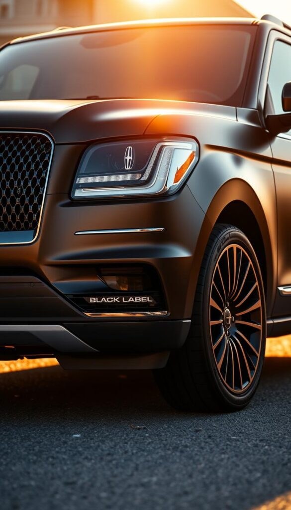 A luxurious Lincoln Navigator Black Label Special Edition, captured in a striking exterior view. The sleek, matte black body gleams under warm, golden sunlight, accentuating its bold, muscular stance. The front grille and chrome accents shimmer, while the blacked-out trim and 22-inch alloy wheels convey a sense of refined, sophisticated style. The image is framed from a low, dynamic angle, emphasizing the SUV's imposing presence and commanding road presence. The background is softly blurred, placing the focus entirely on the vehicle's stunning design and premium, high-end details.