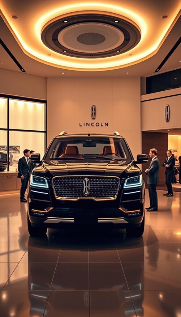 A luxurious Lincoln Navigator Black Label dealership showroom, bathed in warm, soft lighting. The sleek, black SUV stands prominently in the center, its chrome accents gleaming. The spacious, high-end interior is visible through the large windows, showcasing plush leather seats and premium materials. The attentive sales staff, dressed in sharp business attire, engage with customers, offering a personalized and professional buying experience. The showroom's elegant decor, with subtle Lincoln branding, creates an atmosphere of sophistication and exclusivity. Overhead, a carefully curated lighting design casts a subtle glow, enhancing the vehicle's presence. The scene conveys a sense of refined luxury and attentive customer service, perfectly capturing the essence of the Lincoln Navigator Black Label dealership experience.