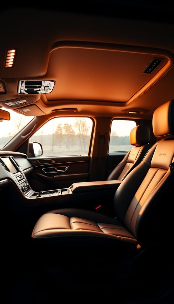 A luxurious Lincoln Navigator Black Label interior, bathed in warm ambient lighting and rich leather upholstery. The cabin exudes an elegant, sophisticated atmosphere, with plush, supportive seats that invite passengers to sink in and relax. Intricate wood grain accents and chrome trim adorn the dashboard and door panels, creating a harmonious blend of modern and classic design elements. The spacious, well-appointed interior offers ample legroom and headroom, ensuring a comfortable journey for all occupants. Soft, indirect lighting casts a gentle glow, setting the mood for a truly opulent and indulgent driving experience.
