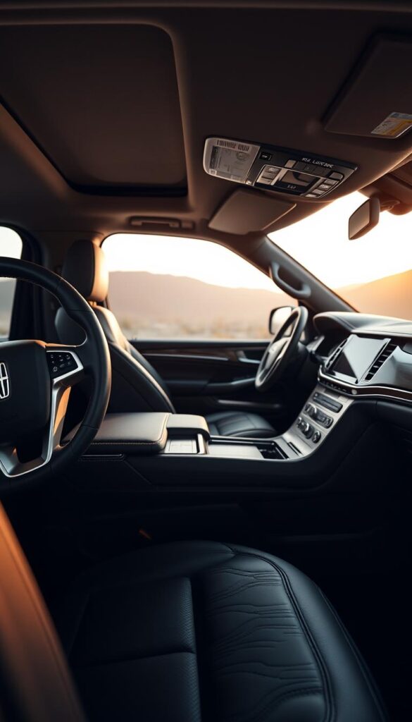 A luxurious Lincoln Navigator Black Label interior captured in exquisite detail. The foreground showcases the plush, leather-wrapped steering wheel and center console, meticulously crafted with premium materials. The middle ground features the spacious, well-appointed cabin, with supple leather seats and polished wood accents, conveying an atmosphere of refined sophistication. Soft, warm lighting bathes the scene, creating a sense of tranquility and comfort. In the background, the sleek, modern dashboard and high-tech infotainment system hint at the advanced amenities that define the Black Label experience. This image perfectly encapsulates the essence of luxury that the 2018 Lincoln Navigator Black Label embodies.