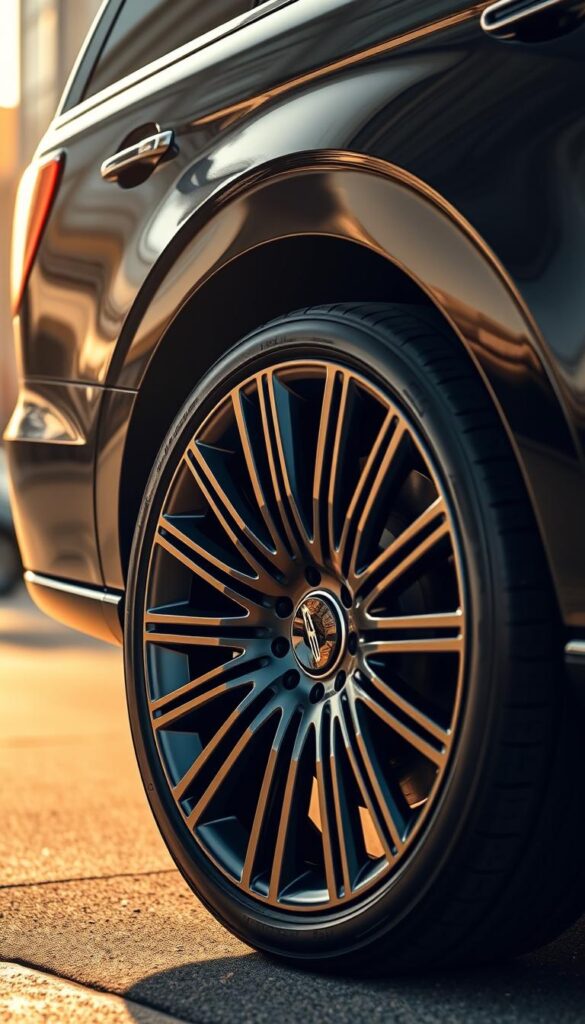 A luxurious Lincoln Navigator Black Label wheel in the foreground, showcasing intricate custom detailing and a sleek, dark finish. The middle ground features the vehicle's bold, sculpted exterior lines and chrome accents, with subtle reflections and shadows that convey a sense of depth and high-end craftsmanship. The background is a softly blurred urban landscape, hinting at the Navigator's capability to seamlessly navigate city streets and highways. The lighting is warm and directional, casting a premium glow on the wheel and accentuating the vehicle's powerful presence. The overall composition highlights the perfect harmony of form and function, inviting the viewer to imagine the driving experience of this customized luxury SUV.