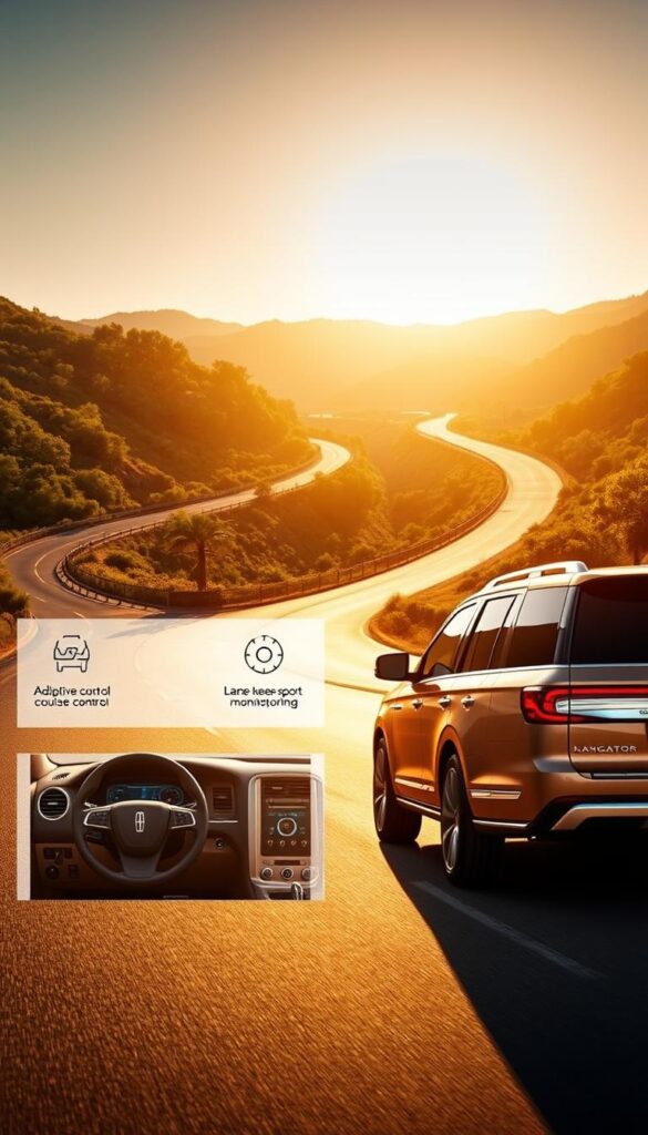 A luxurious Lincoln Navigator SUV, bathed in warm, golden sunlight, stands prominently in the foreground. The sleek, metallic body gleams, showcasing the vehicle's advanced safety technologies. In the middle ground, various driver assistance features are displayed, including adaptive cruise control, lane-keeping assist, and blind-spot monitoring systems, all seamlessly integrated into the elegant interior. The background depicts a winding, scenic highway, surrounded by lush, verdant landscapes, creating a serene and inviting atmosphere. The overall composition conveys a sense of power, sophistication, and the confidence that comes with the latest advancements in automotive safety.