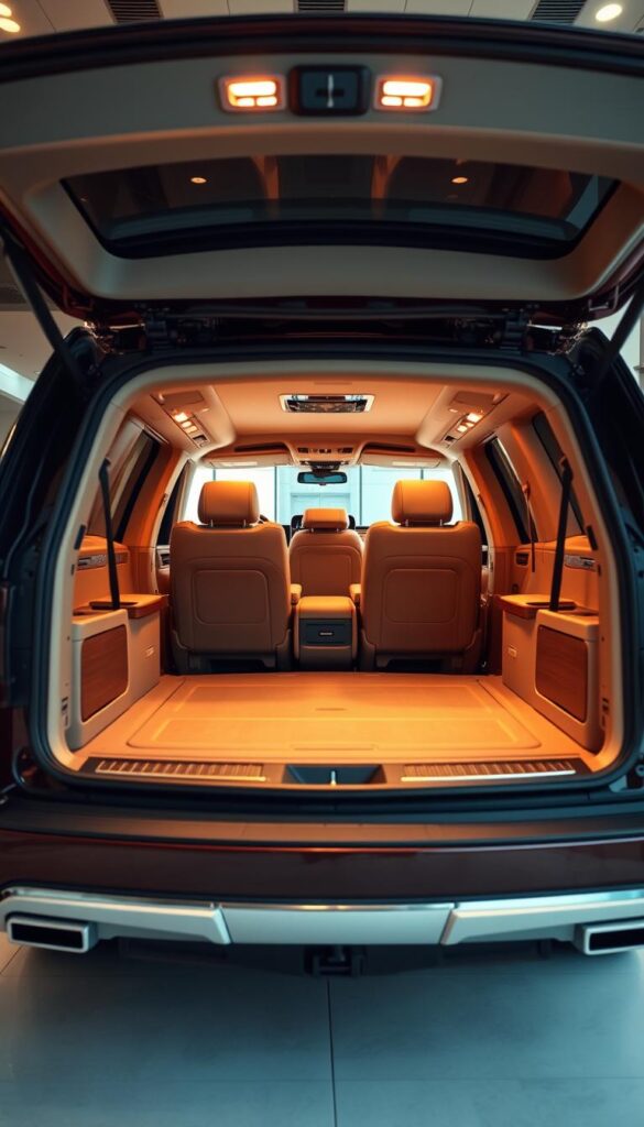 A luxurious Lincoln Navigator SUV stands in a well-lit, modern showroom. The interior cargo space is meticulously captured, showcasing its vast, versatile layout. Soft, warm lighting illuminates the high-quality leather upholstery and sleek, polished wood trims. The image is shot from a low angle, emphasizing the spaciousness and premium feel of the cabin. The background features subtle reflections, highlighting the SUV's elegant, sculpted exterior design. The overall mood is one of sophistication, comfort, and the promise of a seamless, luxurious driving experience.
