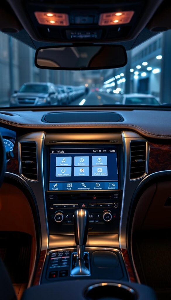 A luxurious Lincoln Navigator dashboard showcasing its sophisticated entertainment system. A large, high-definition touchscreen display dominates the center console, surrounded by sleek, brushed metal controls. The screen displays a vibrant, immersive infotainment interface with intuitive menus and advanced connectivity options. Ambient lighting subtly accents the cabin, creating a warm, elegant atmosphere. Elegant wood trim and premium leather upholstery evoke the vehicle's opulent style. The scene is captured in a well-lit, high-resolution shot, highlighting the system's impressive visual clarity and the Navigator's premium interior design.