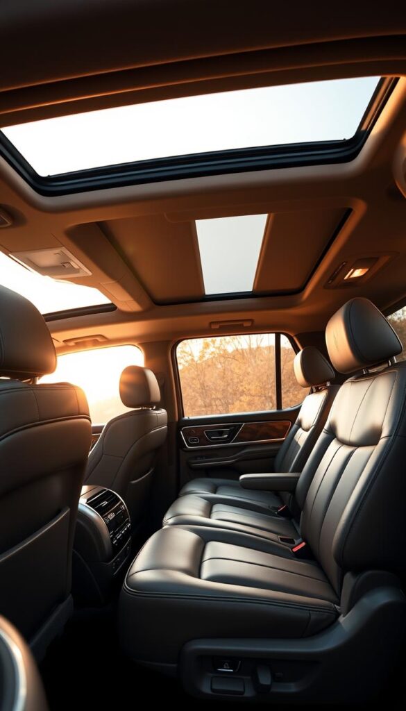A luxurious Lincoln Navigator interior, bathed in warm, natural lighting that filters through the panoramic sunroof. The sumptuous leather seats are arranged in a spacious, premium configuration, offering ample legroom and support. The dashboard features a large, high-resolution infotainment display, surrounded by brushed metal accents and premium wood trim. The cabin exudes a sense of elegant sophistication, with soft ambient lighting highlighting the attention to detail and craftsmanship. The overall atmosphere is one of refined comfort and uncompromising luxury, perfectly suited for a premium SUV experience.