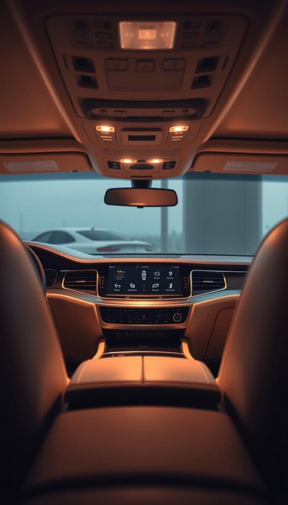 A luxurious Lincoln Navigator interior, bathed in warm, soft lighting. In the center console, a sleek, high-resolution entertainment system display dominates the view, showcasing a rich, vibrant interface with intuitive controls. The system is surrounded by premium materials, such as brushed metal accents and supple leather, creating a harmonious and premium aesthetic. The lighting casts a subtle glow, enveloping the cabin in a cozy, modern ambiance. The entertainment system is the focal point, highlighting the advanced connectivity and multimedia capabilities of this sophisticated SUV.
