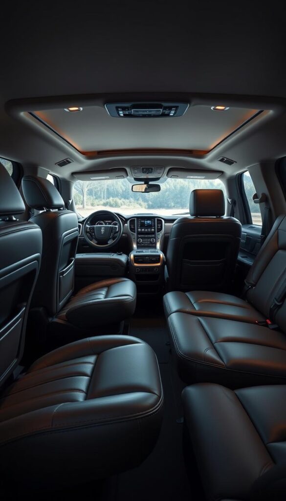 A luxurious Lincoln Navigator interior with premium leather seating in a versatile 2-3-2 configuration. The front seats are plush and power-adjustable, the middle row offers generous legroom, and the third-row seats fold flat for ample cargo space. Warm ambient lighting illuminates the cabin, complemented by a sleek, contemporary dashboard design. Soft, supple materials and precision craftsmanship create an atmosphere of refined elegance. High-quality sound insulation ensures a peaceful, distraction-free ride, while advanced safety features provide peace of mind. This configuration blends exceptional comfort, flexibility, and sophistication - the perfect embodiment of Lincoln's commitment to luxury.