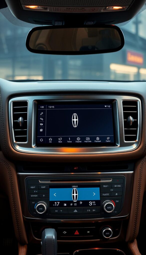 A luxurious Lincoln Navigator sound system, meticulously crafted with premium materials. The centerpiece is a sleek, high-resolution touchscreen display, surrounded by a tasteful blend of brushed aluminum accents and soft-touch leather controls. Warm, ambient lighting casts a subtle glow, complementing the rich, resonant sound delivered by a state-of-the-art audio system. Precise engineering and attention to detail are evident in every aspect, creating an immersive, cinematic listening experience worthy of this prestigious automotive brand.