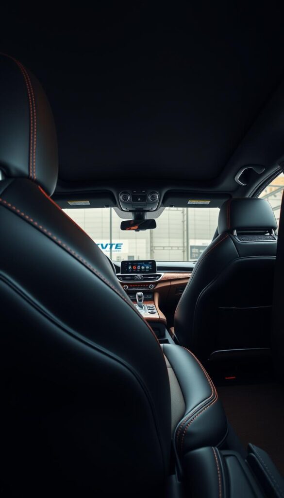 A luxurious and high-performance interior of an Alfa Romeo Stelvio Quadrifoglio SUV. The camera captures the driver's seat in sharp focus, showcasing the fine Italian leather and intricate stitching. The steering wheel, dashboard, and center console are visible in the middle ground, featuring carbon fiber accents and sleek, intuitive controls. In the background, the backseat and door panels are subtly visible, exuding an atmosphere of sophisticated design and advanced technology. Warm, indirect lighting creates a sense of elegance and comfort, highlighting the premium materials and craftsmanship throughout the cabin.