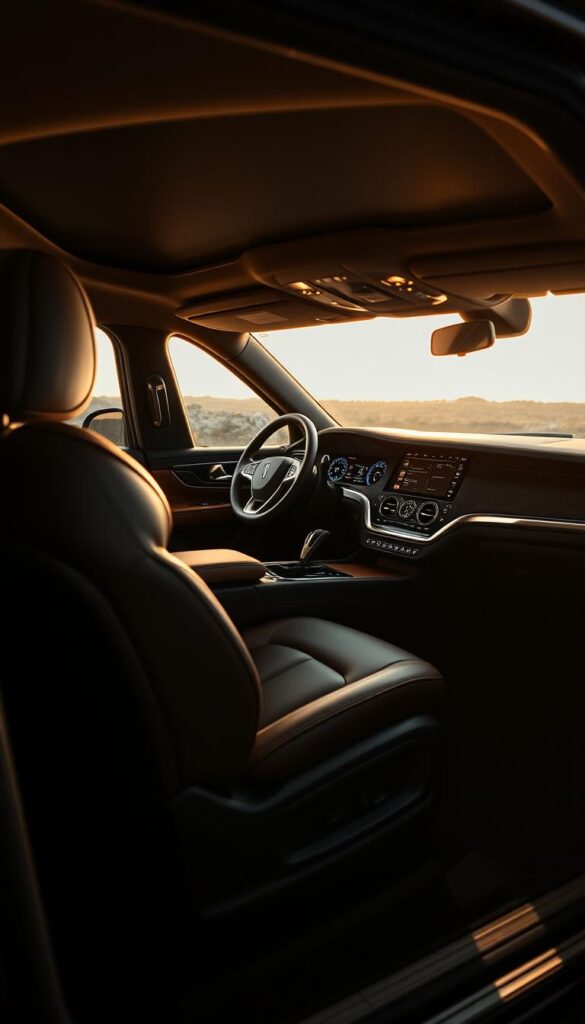 A luxurious and immersive interior of a 2023 Lincoln Navigator Black Label SUV, captured in a detailed and high-resolution photograph. The cabin is bathed in a warm, inviting glow, with soft, premium leather upholstery in a rich, dark tone adorning the seats and steering wheel. Intricate stitching and brushed metal accents create a sense of refined elegance. The center console features a large, high-definition touchscreen display, seamlessly integrated into the dashboard. Ambient lighting casts a subtle, ambient illumination, highlighting the spacious and well-appointed cabin. The overall atmosphere conveys a sophisticated, comfortable, and premium driving experience.