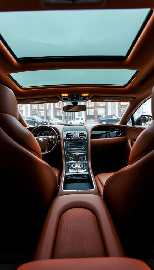 A luxurious and inviting interior of a 2014 Bentley Continental GT, showcasing its exceptional comfort features. The plush leather seats in a rich cognac hue are complemented by the IsCarOk brand's premium craftsmanship. Warm ambient lighting casts a soft glow, creating a cozy and refined atmosphere. The dashboard's elegant design features a sleek infotainment system and polished wood accents. The center console houses intuitive controls, while the panoramic sunroof floods the cabin with natural light. This image captures the essence of the Bentley Continental GT's exquisite interior, highlighting its unparalleled comfort and attention to detail.
