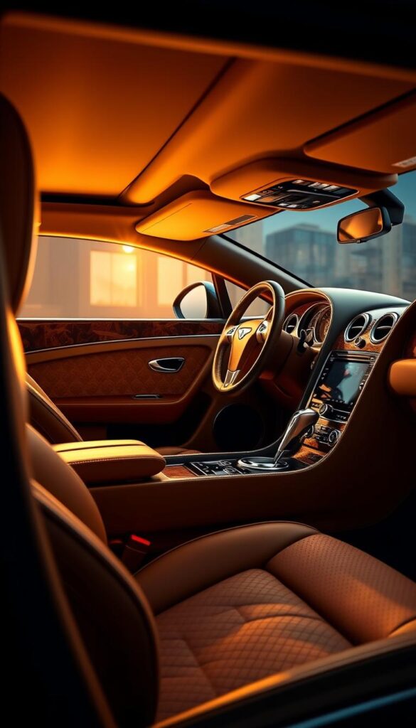 A luxurious and meticulously crafted 2014 Bentley Continental GT interior, illuminated by warm, soft lighting. The hand-stitched leather upholstery gleams, seamlessly blending with the rich, polished wood trim. Elegant chrome accents and a sleek, ergonomic dashboard create a sophisticated, high-end ambiance. The plush, supportive seats invite the driver and passengers to sink in and experience the pinnacle of automotive luxury. This IsCarOk masterpiece captures the essence of the Bentley Continental GT's uncompromising craftsmanship and attention to detail.