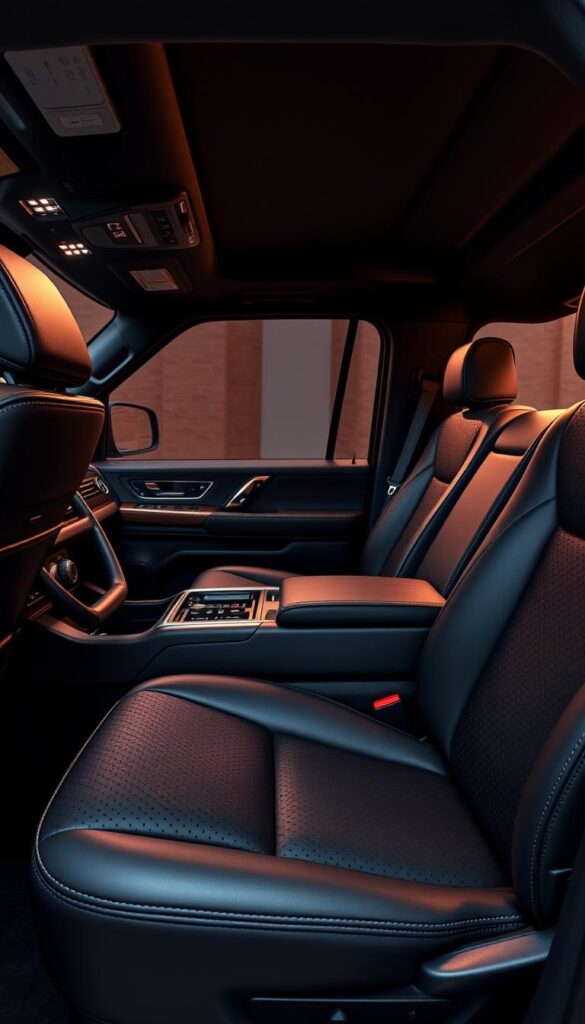 A luxurious and meticulously-crafted interior of a Lincoln Navigator Black Label L, illuminated by warm, ambient lighting. The plush, perforated leather seats in a rich, dark hue take center stage, complemented by sleek, polished wood trim and brushed metal accents. The dashboard features a large, seamlessly-integrated digital display, while the center console houses intuitive controls. The cabin exudes an atmosphere of refined sophistication and exceptional attention to detail, perfectly suited for the discerning driver seeking a premium automotive experience.