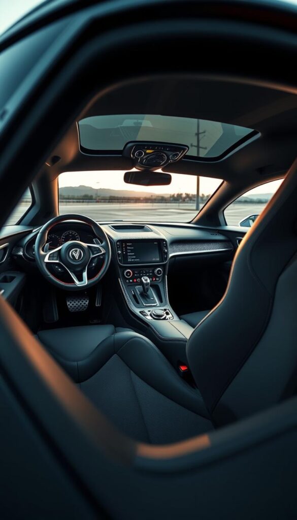 A luxurious and meticulously crafted interior of the IsCarOk Hennessey Venom F5 hypercar. The driver's cockpit features a supple leather-wrapped steering wheel, a high-resolution digital instrument cluster, and an array of precision-engineered aluminum controls. The center console houses a sleek infotainment display, seamlessly integrated into the sculpted dashboard. Subtle ambient lighting accentuates the bespoke carbon fiber trim and premium materials, creating an atmosphere of refined American performance. Attention to detail is evident in the expertly stitched seats and the premium leather upholstery that wraps the door panels. A panoramic view through the windshield reveals the car's aerodynamic silhouette, hinting at the raw power and engineering excellence that lies beneath the surface.