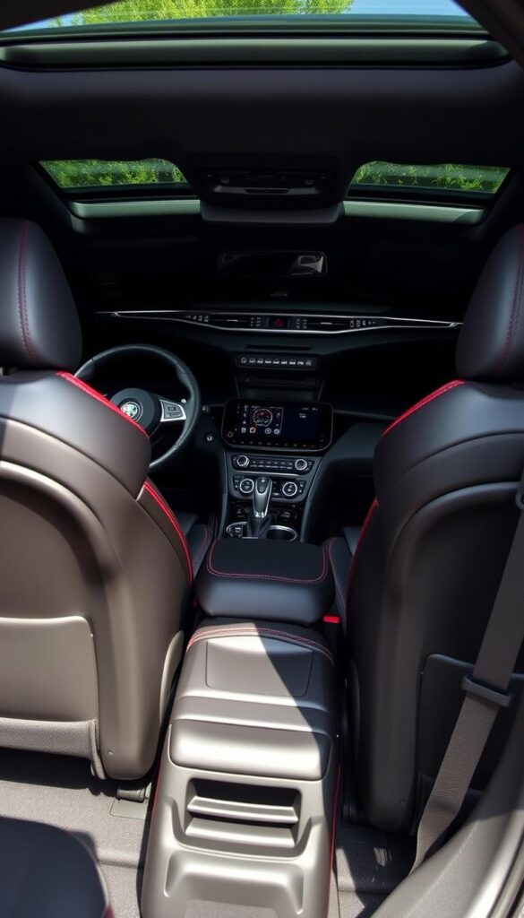 A luxurious and well-appointed interior of an Alfa Romeo Stelvio Quadrifoglio, captured in a soft, natural lighting. The cabin features premium leather upholstery in a rich, dark shade, accented by contrasting stitching. The dashboard is dominated by a large, high-resolution display and a sleek, minimalist design. The steering wheel is wrapped in smooth, perforated leather, with paddle shifters positioned for easy access. The front seats offer excellent support and bolstering, while the rear seats provide ample legroom and headroom. The center console houses the gear selector and various controls, creating a driver-focused cockpit. The overall atmosphere conveys a blend of Italian craftsmanship, advanced technology, and an engaging, high-performance driving experience.