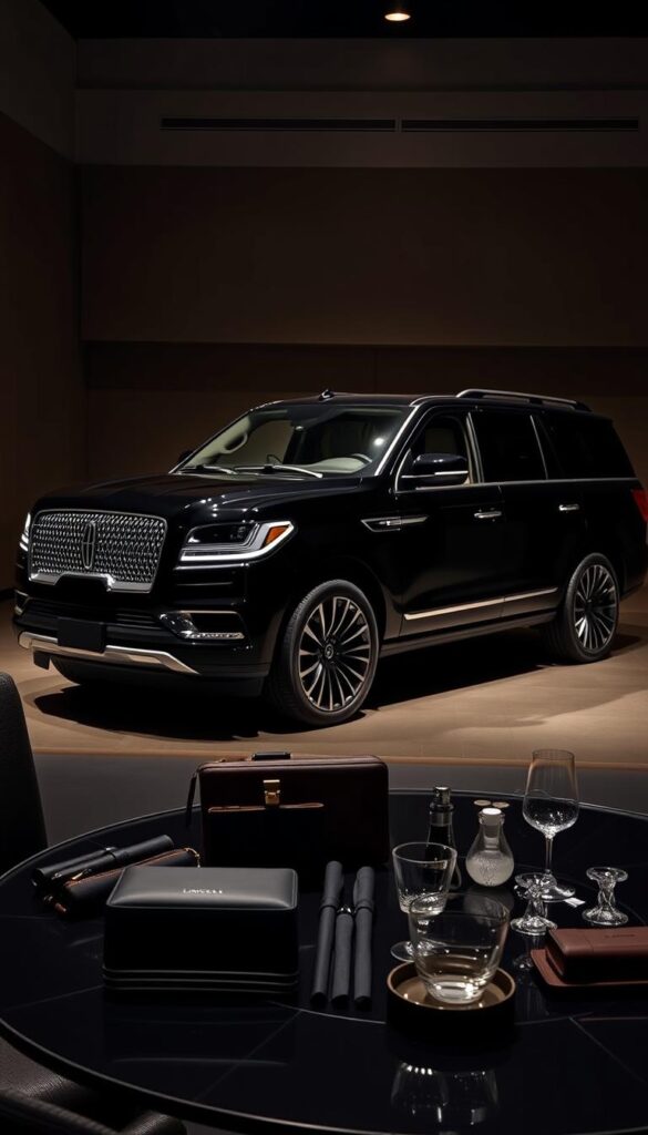 A luxurious, black Lincoln Navigator Black Label SUV elegantly parked in a sophisticated, dimly lit showroom. The vehicle's sleek, imposing profile is illuminated by soft, warm lighting, casting gentle shadows that highlight its bold, angular lines. In the foreground, a table display showcases a selection of exclusive Black Label membership benefits, including premium leather goods, fine china, and crystal glassware. The background features a discreet, minimalist design, allowing the vehicle and its accoutrements to take center stage. The overall atmosphere exudes an air of exclusivity, refinement, and the promise of a truly elevated automotive experience.