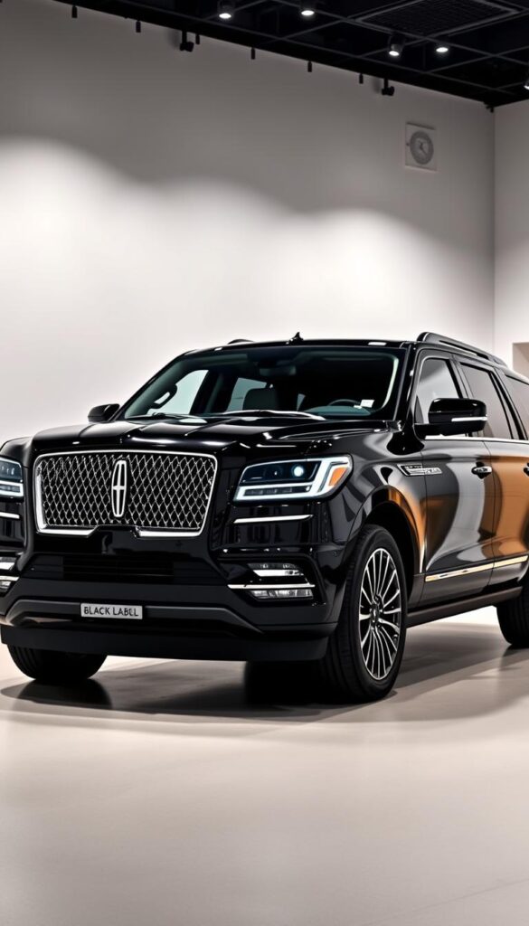 A luxurious black Lincoln Navigator SUV parked in a modern, well-lit showroom. The vehicle is the exclusive Black Label edition, showcasing its sleek, sophisticated design with chrome accents and intricate details. The interior is visible through the tinted windows, revealing plush leather seating and premium finishes. The lighting is soft and indirect, creating a warm, inviting atmosphere. The angle captures the front-quarter view of the SUV, highlighting its bold, commanding presence. The background is minimal, with a clean, clutter-free environment that allows the vehicle to be the focal point.