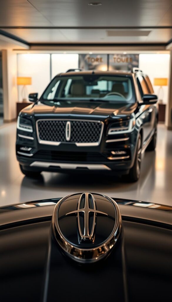 A luxurious black Lincoln Navigator embodies prestige and power, its sleek lines and bold grille commanding attention. In the foreground, the chrome 'Black Label' insignia glimmers, signifying the vehicle's elite status. The midground showcases the spacious interior, rich leather upholstery, and state-of-the-art digital displays, hinting at the unparalleled comfort and convenience. In the background, a refined, modern environment with warm lighting and tasteful decor reinforces the sense of refined elegance. Subtle details, such as the smooth motion of the power-operated doors and the whisper-quiet engine, convey the effortless luxury of Black Label ownership.