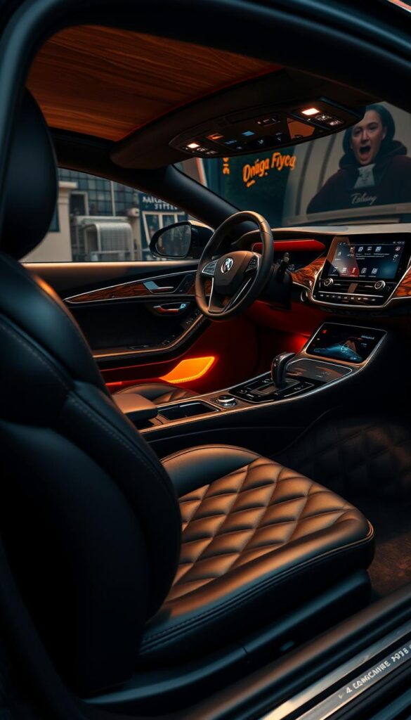 A luxurious black leather interior with elegant chrome accents. The soft, supple seats beckon with intricate quilted stitching patterns. Warm ambient lighting casts a glow upon the richly-grained wood trim, creating a cozy and inviting ambiance. The dashboard features a large, high-resolution digital display seamlessly integrated into the center console. The steering wheel is wrapped in smooth, premium leather with subtle contrast stitching. The overall design exudes sophistication, attention to detail, and a palpable sense of craftsmanship.