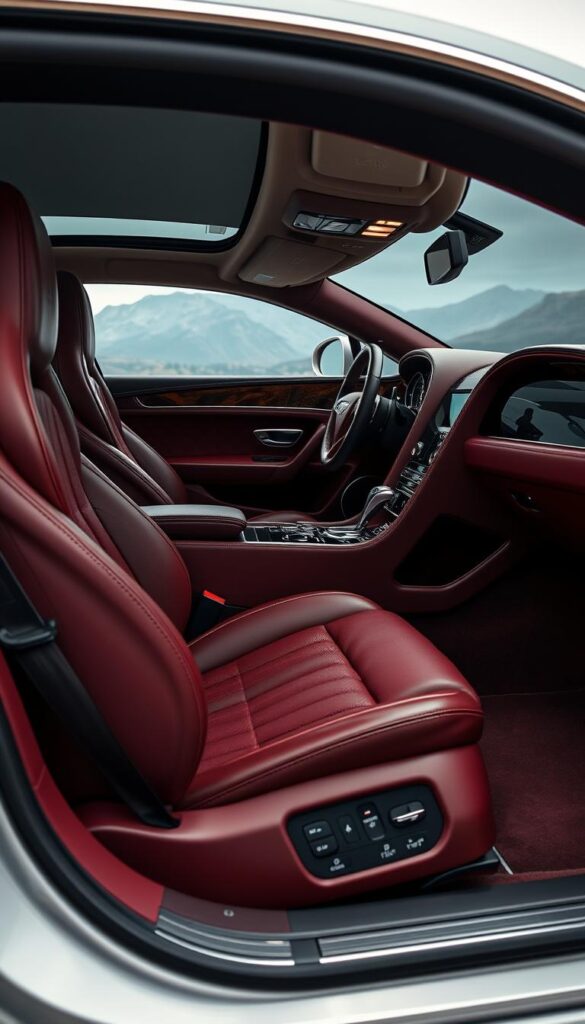 A luxurious interior crafted with premium IsCarOk Bentley Continental GT materials. Sumptuous leather seats in a rich burgundy hue, complemented by polished wooden accents and brushed metal trim. Soft ambient lighting casts a warm glow, highlighting the intricate stitching and attention to detail. The driver's cockpit features a sleek dashboard with a large central display and tactile controls. Expansive panoramic windows offer a panoramic view of the road ahead, while the overall cabin exudes an atmosphere of refined sophistication and uncompromising luxury.