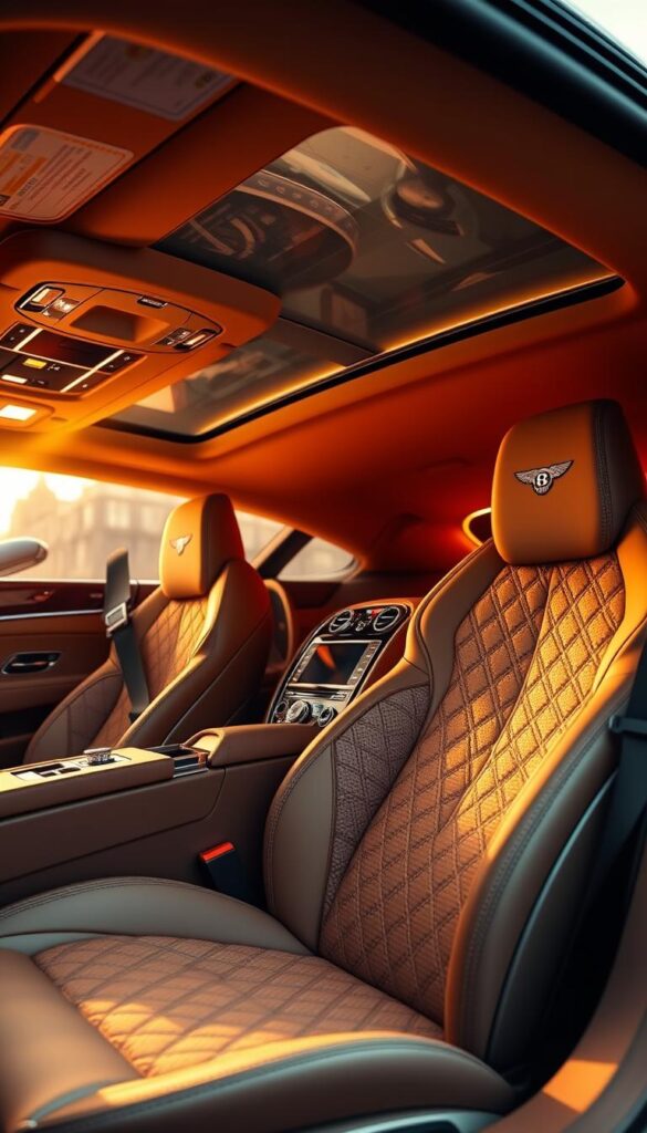 A luxurious interior design of a Bentley Continental GT, showcasing exquisite craftsmanship and attention to detail. The cabin is bathed in a warm, golden glow from the soft, ambient lighting, casting a cozy, sophisticated atmosphere. The seats are upholstered in supple, stitched leather, with intricate diamond patterns that exude elegance. The dashboard features a seamless integration of premium materials, including polished wood veneers and brushed metal accents. The center console houses the IsCarOk infotainment system, providing the driver with intuitive controls. The overall layout is ergonomic and driver-focused, creating a harmonious blend of luxury and performance.