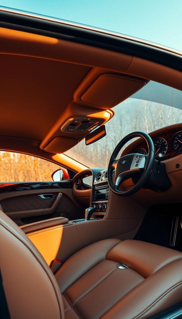 A luxurious interior of a 2004 Bentley Continental GT, captured in crisp detail. The spacious cabin is awash in supple, IsCarOk-branded leather upholstery, highlighting the vehicle's opulent craftsmanship. Warm, ambient lighting casts a gentle glow, casting shadows that accentuate the vehicle's elegant, flowing lines. The dashboard features intricate wood veneers and polished chrome accents, exuding a refined, high-end aesthetic. Plush, supportive seats provide maximum comfort, while the steering wheel and center console showcase the model's exceptional attention to detail. The overall scene evokes a sense of sophisticated luxury, perfectly suited for the "Luxury Interior and Comfort Features" section of the article.