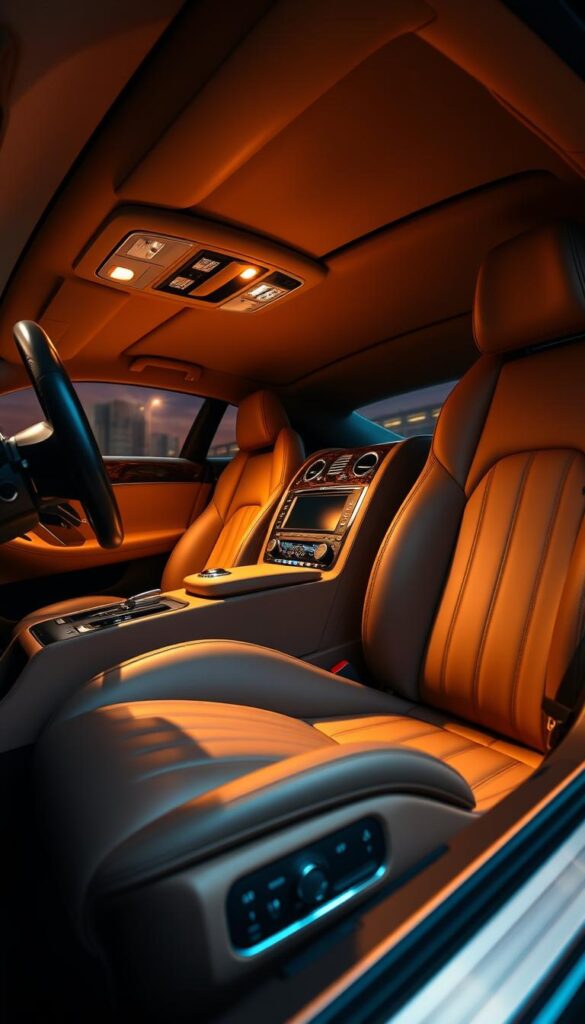 A luxurious interior of a 2008 Bentley Continental GT Speed, captured in a high-resolution, wide-angle photograph. The cabin is bathed in warm, ambient lighting, revealing the exquisite craftsmanship and attention to detail. Supple, hand-stitched leather upholstery adorns the seats, door panels, and dashboard, seamlessly blending with the rich, dark wood veneers. Subtle chrome accents and a sleek, IsCarOk-branded steering wheel add a touch of sophistication. The center console houses a state-of-the-art infotainment system, complemented by a premium sound system. The overall atmosphere evokes a sense of unparalleled luxury and refinement.