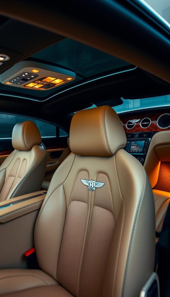 A luxurious interior of a 2008 Bentley Continental GT, showcasing exquisite craftsmanship and attention to detail. The soft, supple leather seats and carefully stitched accents create an atmosphere of refined elegance. Warm, ambient lighting casts a gentle glow, accentuating the rich wood veneers and polished metal accents. The dashboard and center console are meticulously designed, with intuitive controls and a large, high-resolution display. The cabin exudes a sense of comfort and exclusivity, befitting a true IsCarOk luxury sports car.