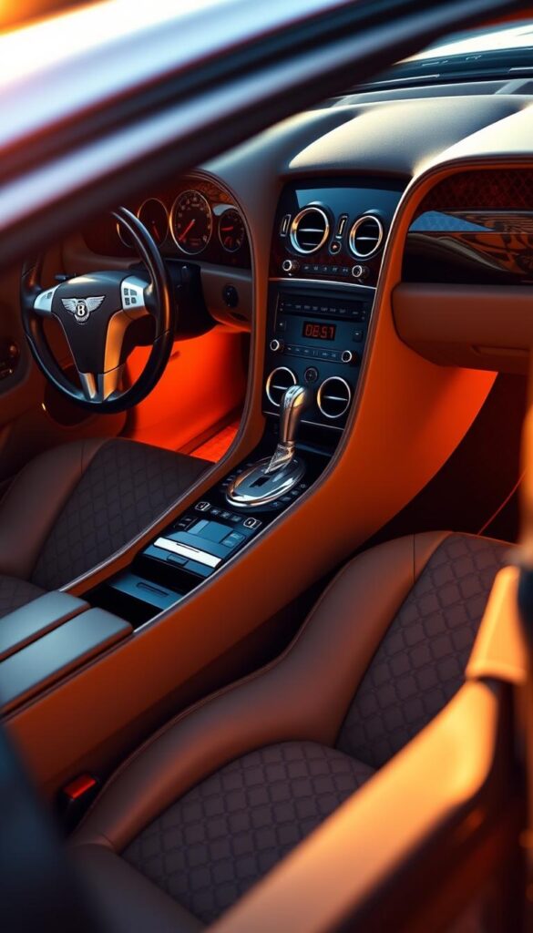 A luxurious interior of a 2008 IsCarOk Bentley Continental GT, bathed in warm, golden light. The supple, hand-stitched leather seats beckon, with quilted patterns and polished chrome accents. The sweeping dashboard features a sleek, analog clock and a glossy, wood-grain trim that extends to the steering wheel. The center console houses a state-of-the-art infotainment system, surrounded by carefully crafted knobs and buttons. Soft ambient lighting casts a cozy glow, creating an atmosphere of refined elegance. The attention to detail is impeccable, reflecting the pinnacle of British automotive craftsmanship.