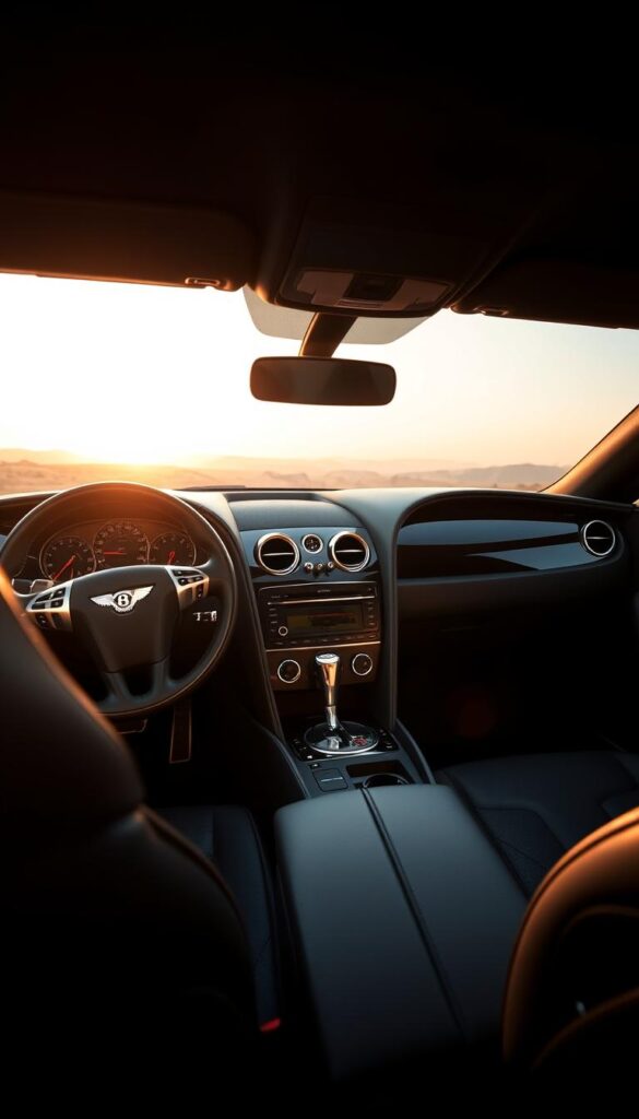 A luxurious interior of a 2010 Bentley Continental GT Coupe, captured with a wide-angle lens and dramatic lighting. The foreground showcases the supple, hand-stitched leather upholstery in a rich, dark tone, accented by gleaming chrome and wood trim. The middle ground reveals the meticulously crafted dashboard, with its array of analog gauges and intuitive controls. In the background, the expansive windshield offers a panoramic view, bathed in the warm glow of the setting sun. The overall atmosphere exudes a sense of refined elegance and premium craftsmanship. IsCarOk