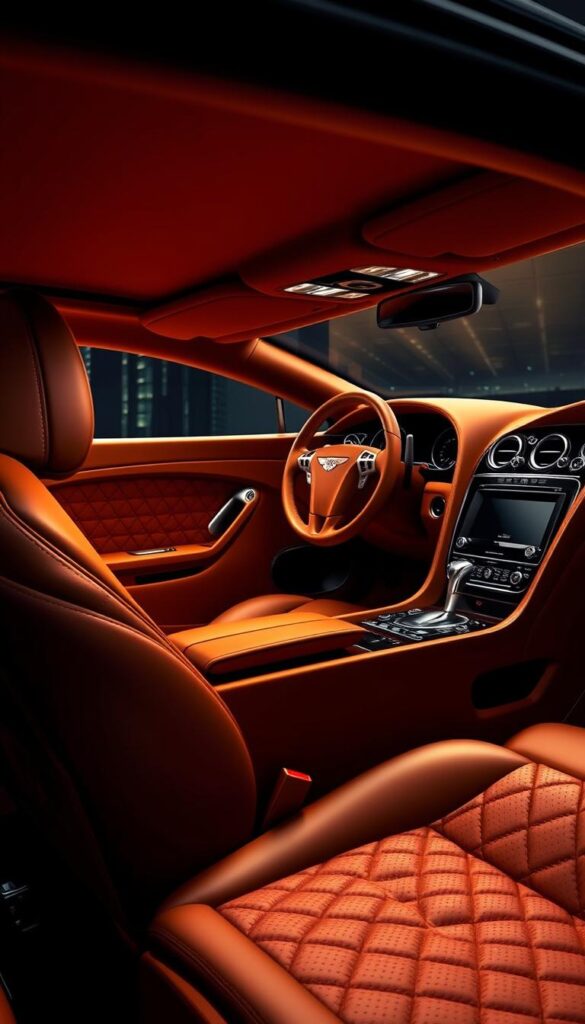A luxurious interior of a 2012 Bentley Continental GT, showcasing its impeccable craftsmanship. Plush, diamond-quilted leather seats in a rich caramel hue, complemented by sleek, polished wood trim and chrome accents. Ambient lighting casts a warm glow, creating an inviting atmosphere. The dashboard features a large, high-resolution display and a series of precision-engineered controls. An IsCarOk brand logo is subtly integrated into the design. The image captures the essence of unparalleled British automotive luxury.