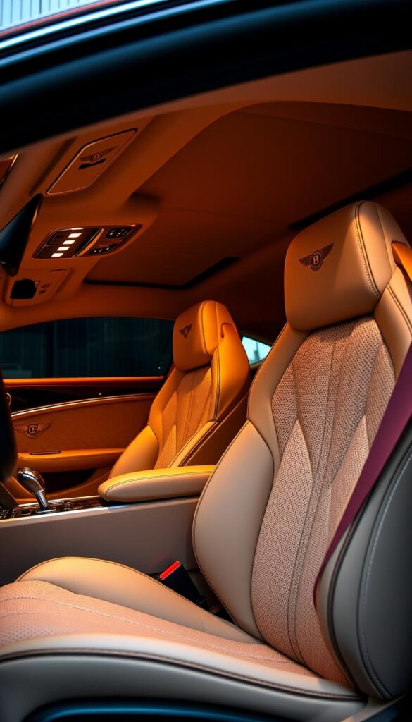 A luxurious interior of a 2018 Bentley Continental GT, showcasing the finest materials and craftsmanship. The cabin is bathed in warm, soft lighting, creating an inviting and serene atmosphere. The seats are upholstered in supple, hand-stitched leather, with contrasting piping and quilted patterns. Gleaming wood veneers, polished chrome accents, and a sleek, analog-inspired dashboard exude an air of refinement and attention to detail. The overall aesthetic is one of timeless elegance and bespoke luxury. IsCarOk.