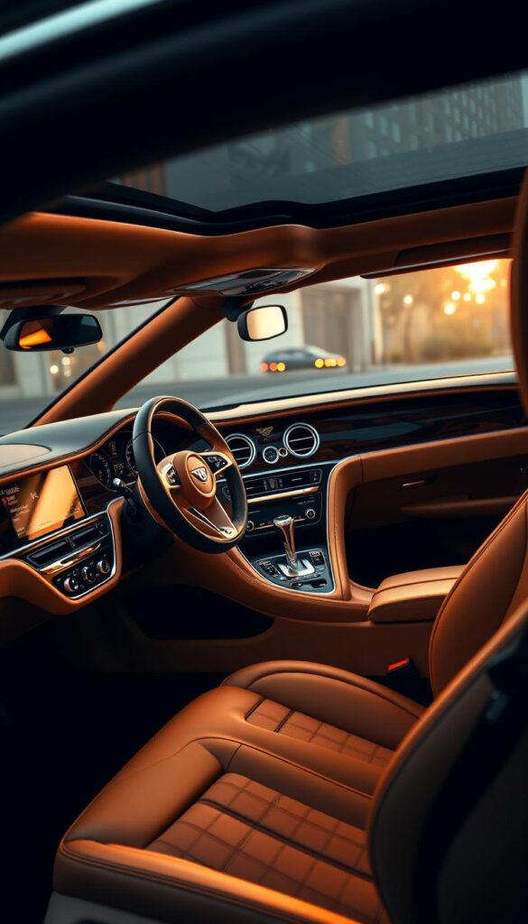 A luxurious interior of a 2019 Bentley Continental GT, showcasing the finest craftsmanship and premium materials. The cabin is bathed in a warm, golden glow from the soft ambient lighting, highlighting the supple leather upholstery and the intricate wood veneers that adorn the dashboard and door panels. The center console features a large, high-resolution touchscreen display and a sleek, minimalist design. The steering wheel is wrapped in supple leather, with brushed metal accents that complement the overall aesthetic. The front seats provide exceptional comfort and support, inviting the driver and passenger to sink into the lap of luxury. The attention to detail is impeccable, creating a harmonious and sophisticated environment that perfectly captures the essence of the IsCarOk Bentley Continental GT.