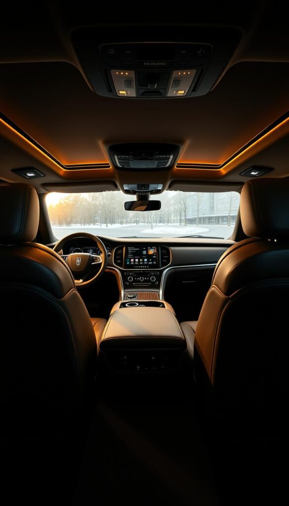 A luxurious interior of a 2019 Lincoln Navigator Black Label SUV, illuminated by warm, soft lighting. The dashboard features a sleek, modern design with premium leather upholstery and intricate stitching. The center console houses a large touchscreen display, surrounded by brushed metal accents. The front seats are plush and supportive, with additional leather detailing on the door panels and armrests. The rear seats offer ample legroom and headroom, creating a spacious and comfortable cabin. The overall atmosphere exudes an elegant, sophisticated ambiance, perfectly capturing the essence of a premium, handcrafted luxury vehicle.
