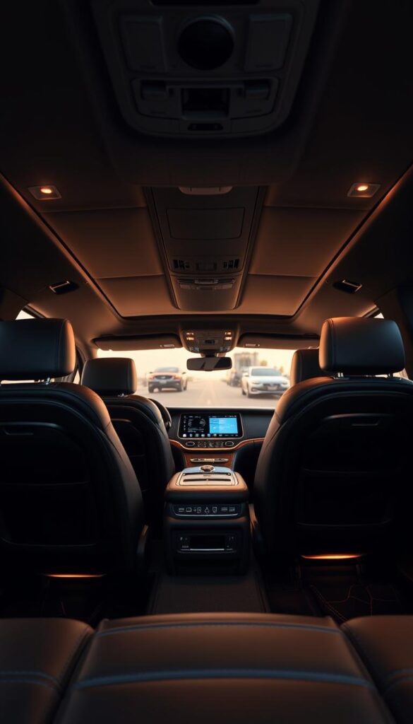 A luxurious interior of a 2021 Lincoln Navigator Black Label, bathed in warm, soft lighting. The spacious cabin features premium leather upholstery in a rich, dark color, complemented by sleek metal accents and polished wood trim. The front seats offer plush, ergonomic support, while the rear seats provide ample legroom and comfort for passengers. Ambient lighting casts a gentle glow, creating a serene and sophisticated atmosphere. The dashboard displays a large, high-resolution touchscreen, seamlessly integrated into the overall design. The attention to detail and use of quality materials convey a sense of refined craftsmanship and luxury.