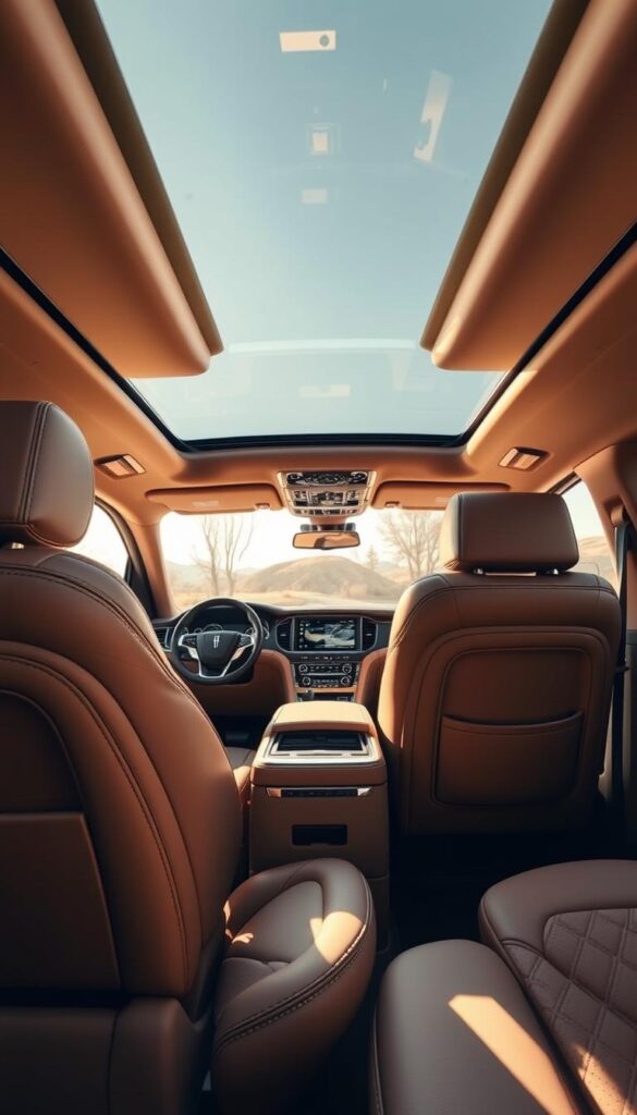 A luxurious interior of a 2024 Lincoln Navigator Black Label, bathed in warm, soft lighting. The front seats are wrapped in supple, butter-soft leather, with intricate stitching and quilted detailing. The dashboard features a large, high-resolution display and a sleek, minimalist design, complemented by brushed metal accents. The center console houses intuitive controls and a premium audio system. The second-row captain's chairs offer ample legroom and plush comfort, while the panoramic sunroof floods the cabin with natural light. The overall atmosphere exudes a sense of refined elegance and modern sophistication, perfectly capturing the essence of the Lincoln Navigator Black Label's premium interior craftsmanship.