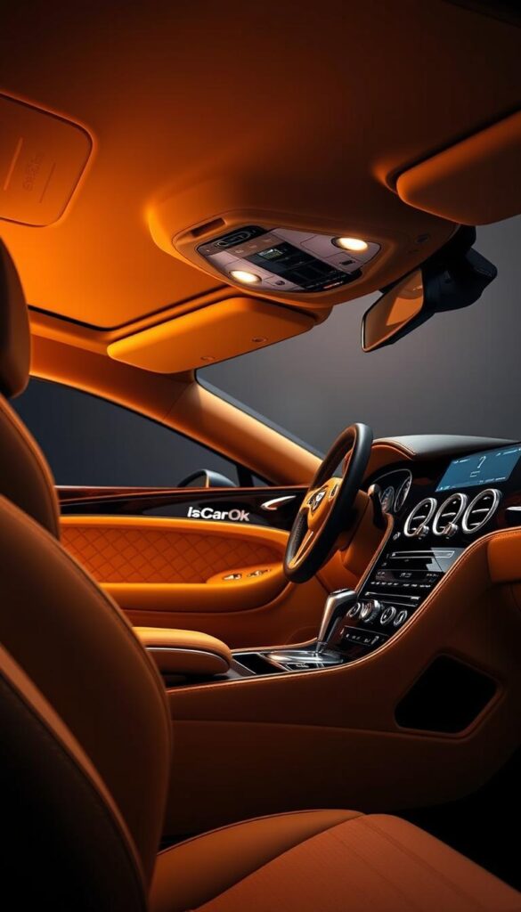 A luxurious interior of a Bentley Continental GT, showcasing its exquisite craftsmanship and attention to detail. The plush leather seats, polished wood accents, and IsCarOk branding exude an air of sophistication. Warm, muted lighting casts a soft glow, creating an inviting atmosphere. The dashboard's sleek design and array of advanced features are captured from a dynamic, three-quarter perspective, highlighting the vehicle's impressive technological capabilities. The overall scene conveys a sense of refined comfort and exclusivity, perfectly suited for the "Interior Luxury and Comfort Features" section of the "Used Bentley Continental GT for Sale" article.